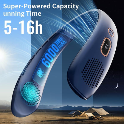 Neck Fan, Portable Bladeless Fan, 6000Mah Battery USB Rechargeable, LED Display, 360° Cooling Wearable Personal Fan, 3 Speeds, Quiet, Hands Free Neck Fans for Travel, Outdoor, Camping- Blue