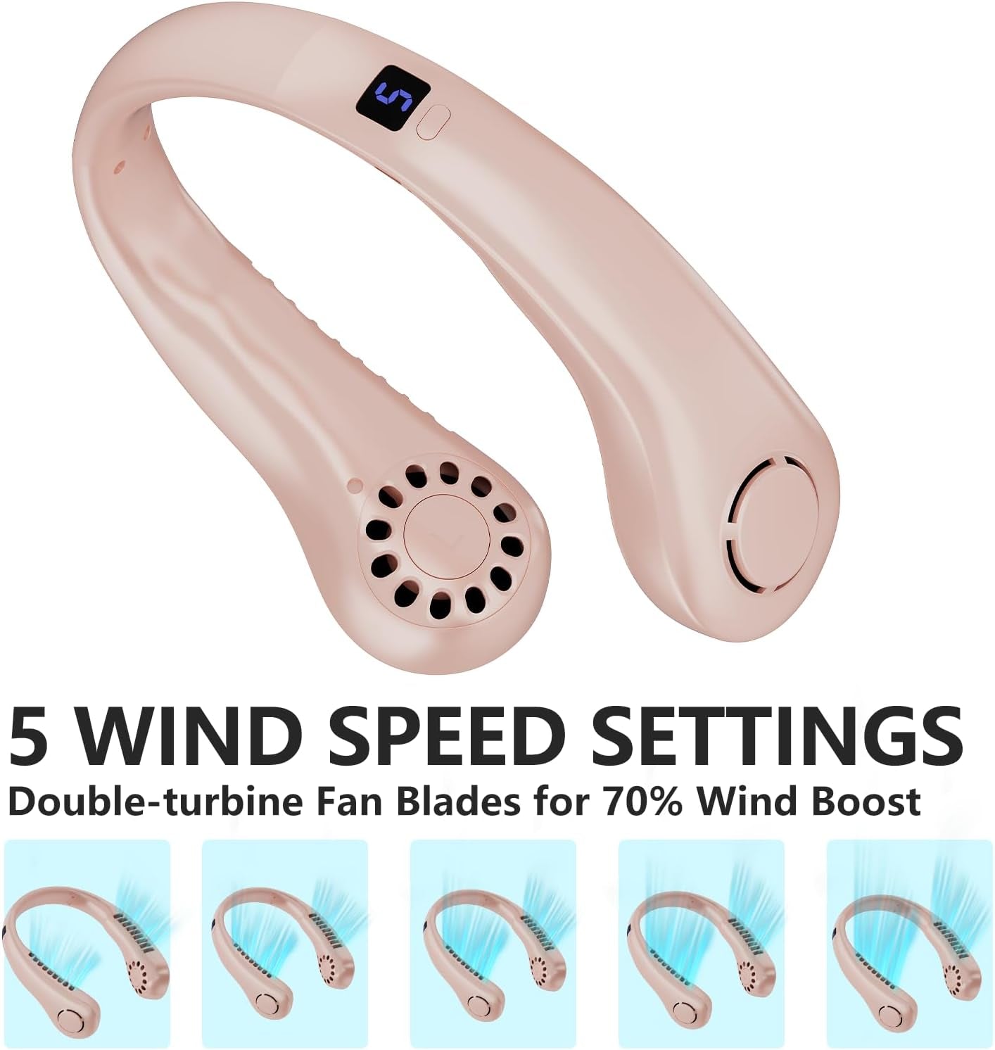 Portable Neck Fan, 360° Cooling Personal Fan with 5 Speeds, USB Rechargeable Wearable Neck Fan, Hands Free Bladeless Fan, Twistable, Mini Portable Fan, Gifts for Men Women Mom Dad, Pink