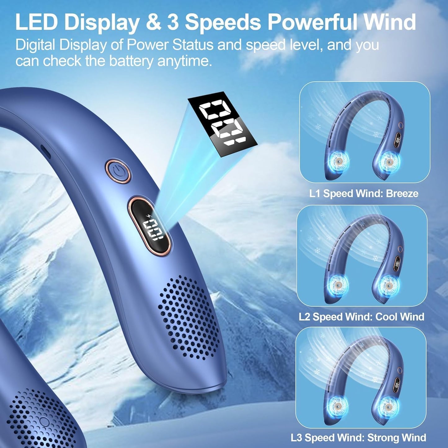 Neck Fan, Portable Bladeless Fan, 6000Mah Battery USB Rechargeable, LED Display, 360° Cooling Wearable Personal Fan, 3 Speeds, Quiet, Hands Free Neck Fans for Travel, Outdoor, Camping- Blue